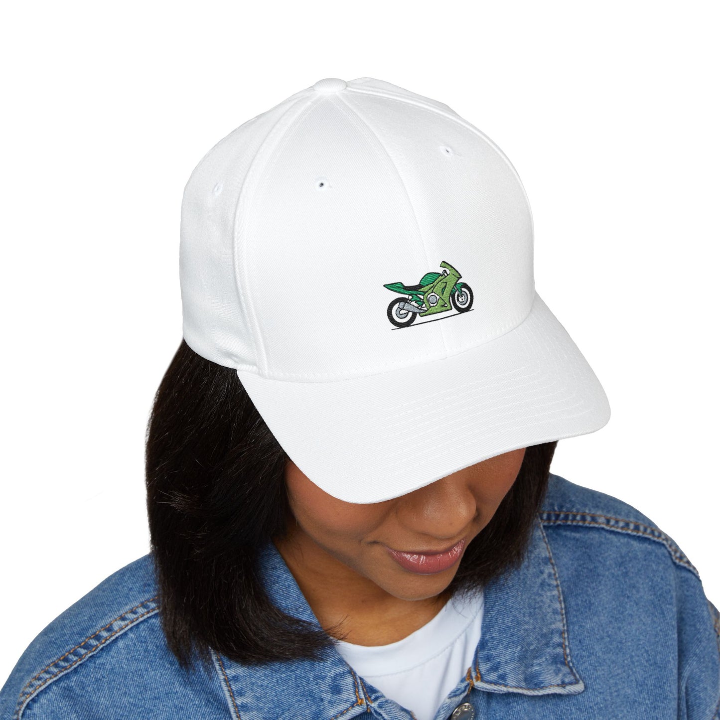 Green Motorcycle Embroidered Cap for Bikers | Adjustable White Hat