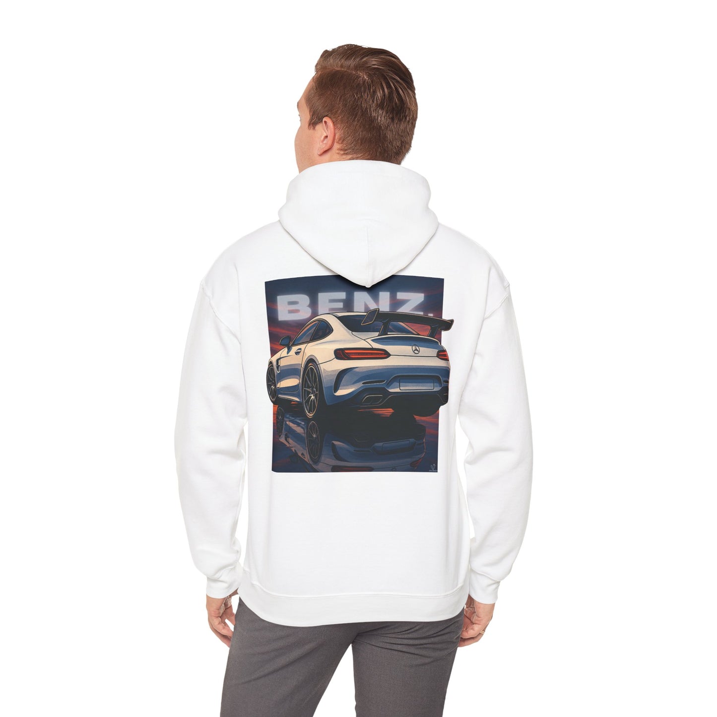 BenZ inspired Racing Hoodie with backprint- White racing car with rear spoiler