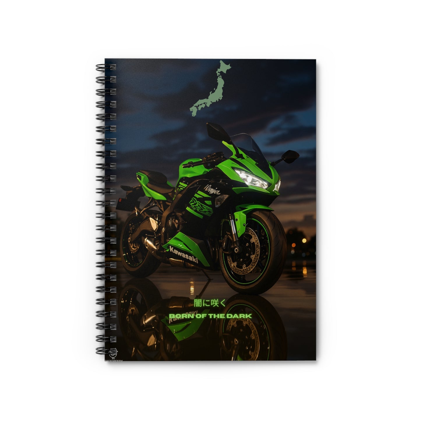 Green Motorcycle Inspired Spiral Notebook - Born of the Dark, Ruled Line, ai