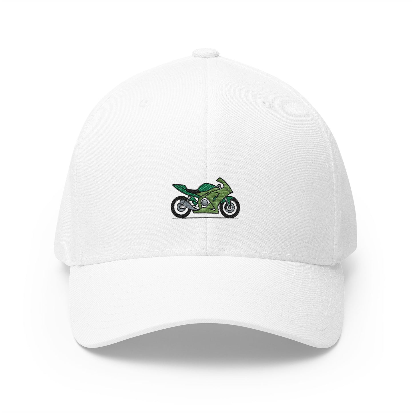 Green Motorcycle Embroidered Cap for Bikers | Adjustable White Hat