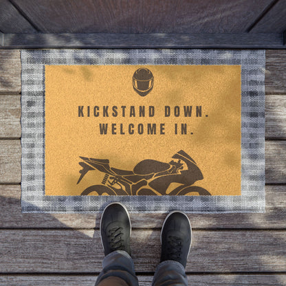 Motorcycle Welcome Doormat - Kickstand Down, Perfect for Bikers, Entryway Decor, Housewarming Gift, Outdoor Mat