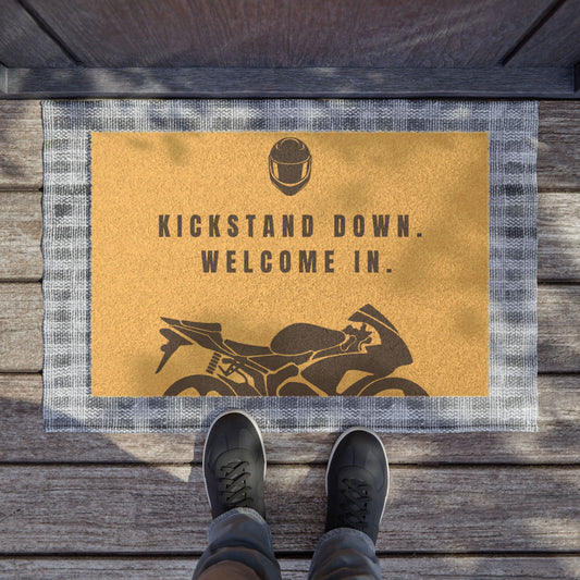 Motorcycle Welcome Doormat - Kickstand Down, Perfect for Bikers, Entryway Decor, Housewarming Gift, Outdoor Mat
