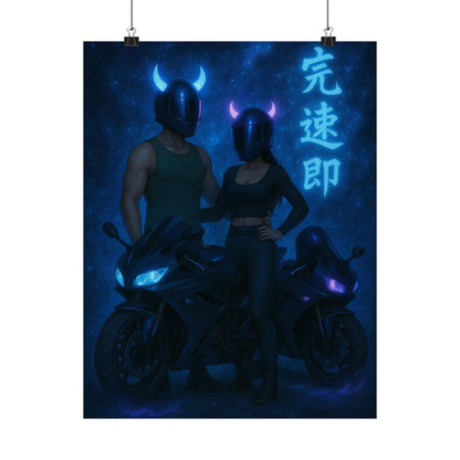 Motorcycle couple Wall Art Poster, Cool Neon Decor, Biker Room Decoration, Gift for Riders, Unique Art Print, Masculine Home Decor