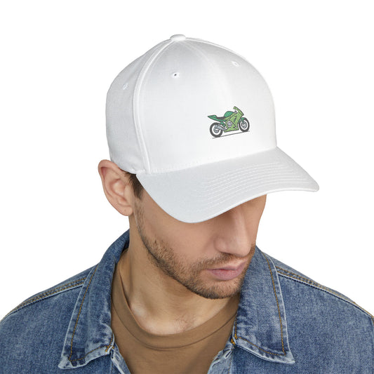 Green Motorcycle Embroidered Cap for Bikers | Adjustable White Hat
