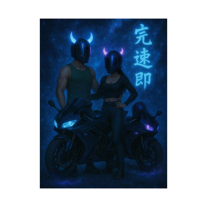 Motorcycle couple Wall Art Poster, Cool Neon Decor, Biker Room Decoration, Gift for Riders, Unique Art Print, Masculine Home Decor