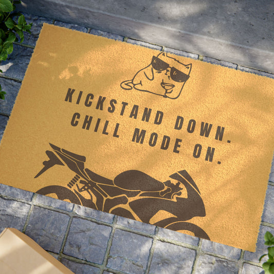 Kickstand Down Doormat - Chill Mode On Welcome Mat, Motorcycle Lover Gift, Cool Pet Decor, Home Entrance Rug, Biker Style