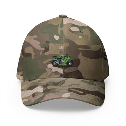 Green Motorcycle Embroidered Cap for Bikers | Adjustable White Hat