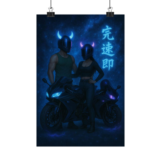Motorcycle couple Wall Art Poster, Cool Neon Decor, Biker Room Decoration, Gift for Riders, Unique Art Print, Masculine Home Decor