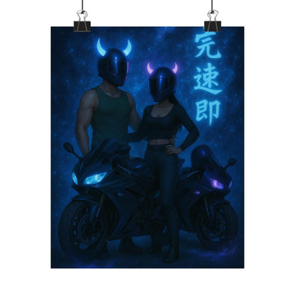 Motorcycle couple Wall Art Poster, Cool Neon Decor, Biker Room Decoration, Gift for Riders, Unique Art Print, Masculine Home Decor