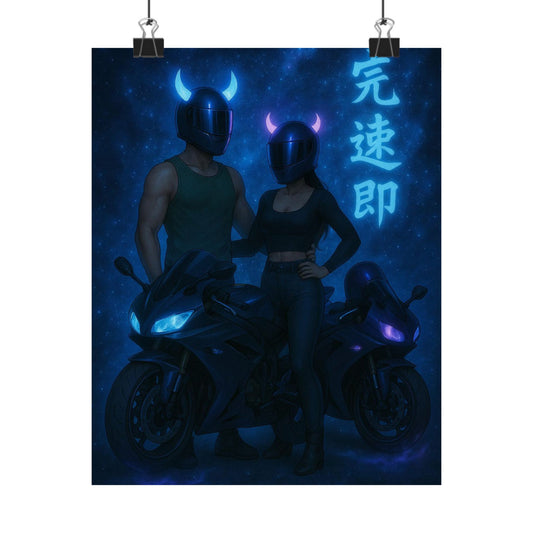 Motorcycle couple Wall Art Poster, Cool Neon Decor, Biker Room Decoration, Gift for Riders, Unique Art Print, Masculine Home Decor