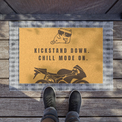 Kickstand Down Doormat - Chill Mode On Welcome Mat, Motorcycle Lover Gift, Cool Pet Decor, Home Entrance Rug, Biker Style