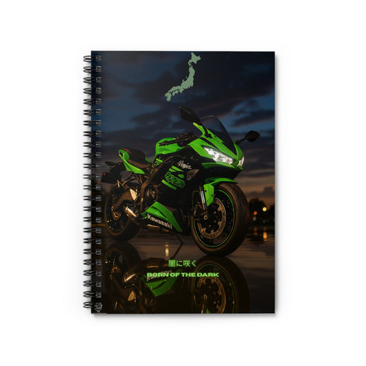 Green Motorcycle Inspired Spiral Notebook - Born of the Dark, Ruled Line, ai