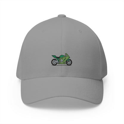 Green Motorcycle Embroidered Cap for Bikers | Adjustable White Hat