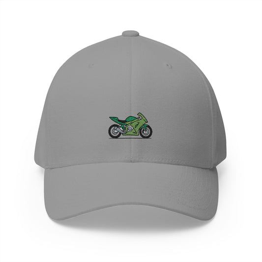Green Motorcycle Embroidered Cap for Bikers | Adjustable White Hat
