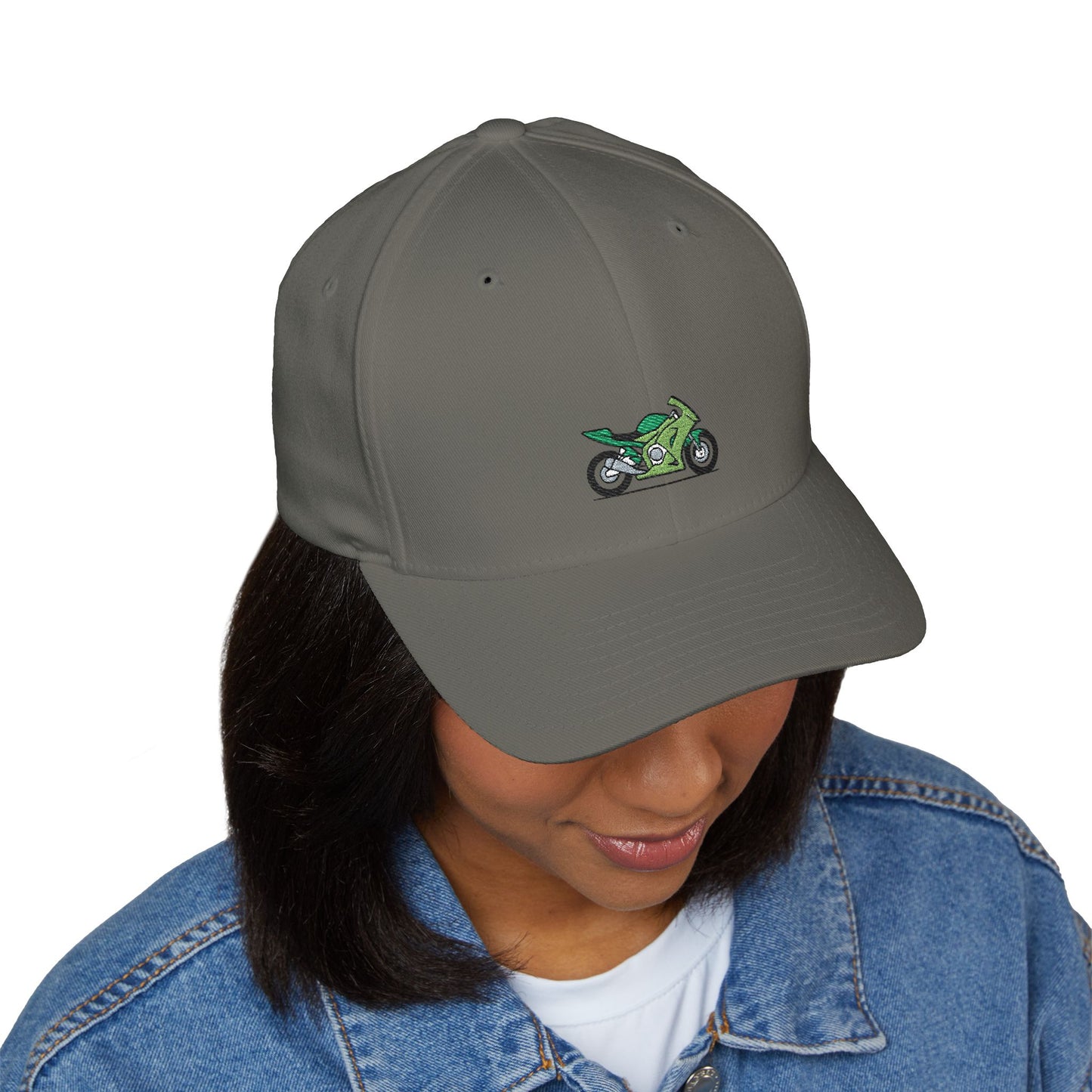 Green Motorcycle Embroidered Cap for Bikers | Adjustable White Hat