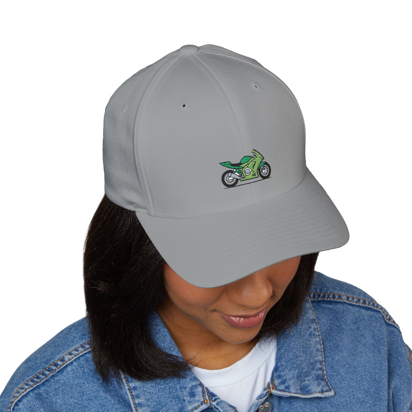 Green Motorcycle Embroidered Cap for Bikers | Adjustable White Hat