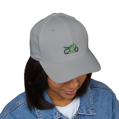 Green Motorcycle Embroidered Cap for Bikers | Adjustable White Hat