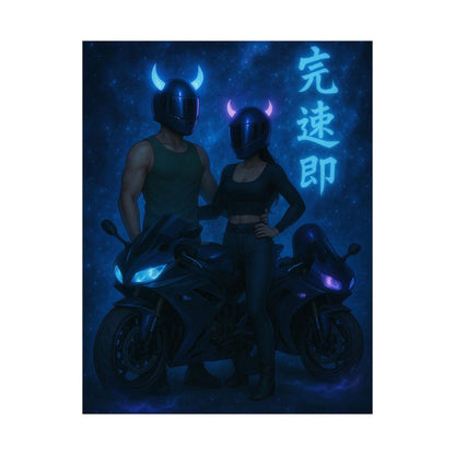 Motorcycle couple Wall Art Poster, Cool Neon Decor, Biker Room Decoration, Gift for Riders, Unique Art Print, Masculine Home Decor
