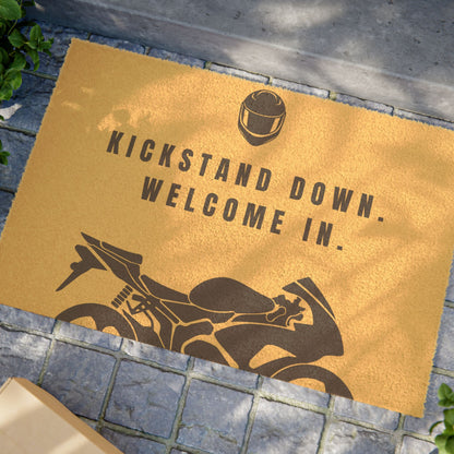 Motorcycle Welcome Doormat - Kickstand Down, Perfect for Bikers, Entryway Decor, Housewarming Gift, Outdoor Mat