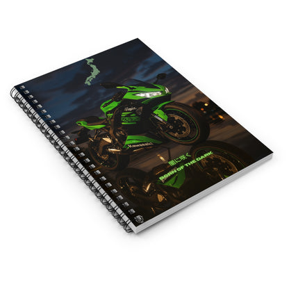 Green Motorcycle Inspired Spiral Notebook - Born of the Dark, Ruled Line, ai