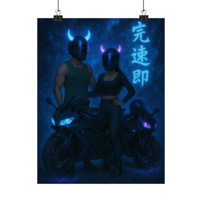 Motorcycle couple Wall Art Poster, Cool Neon Decor, Biker Room Decoration, Gift for Riders, Unique Art Print, Masculine Home Decor