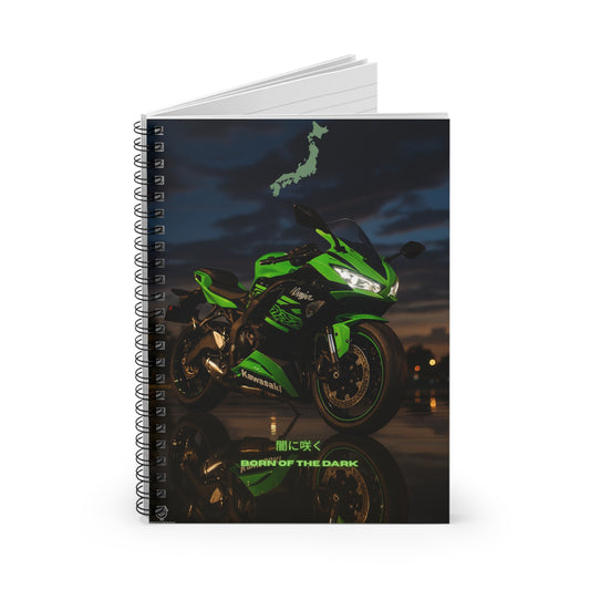 Green Motorcycle Inspired Spiral Notebook - Born of the Dark, Ruled Line, ai