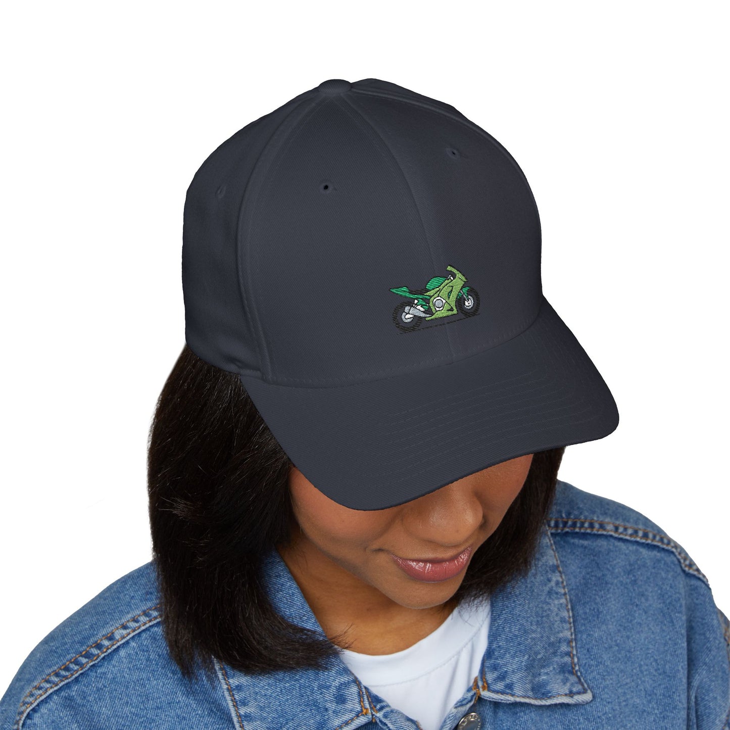 Green Motorcycle Embroidered Cap for Bikers | Adjustable White Hat
