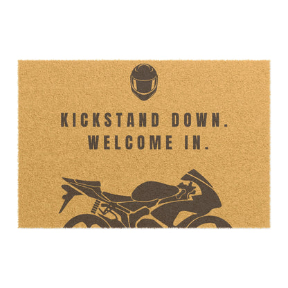 Motorcycle Welcome Doormat - Kickstand Down, Perfect for Bikers, Entryway Decor, Housewarming Gift, Outdoor Mat