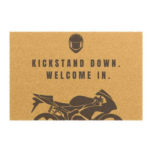 Motorcycle Welcome Doormat - Kickstand Down, Perfect for Bikers, Entryway Decor, Housewarming Gift, Outdoor Mat