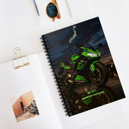 Green Motorcycle Inspired Spiral Notebook - Born of the Dark, Ruled Line, ai