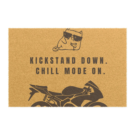 Kickstand Down Doormat - Chill Mode On Welcome Mat, Motorcycle Lover Gift, Cool Pet Decor, Home Entrance Rug, Biker Style
