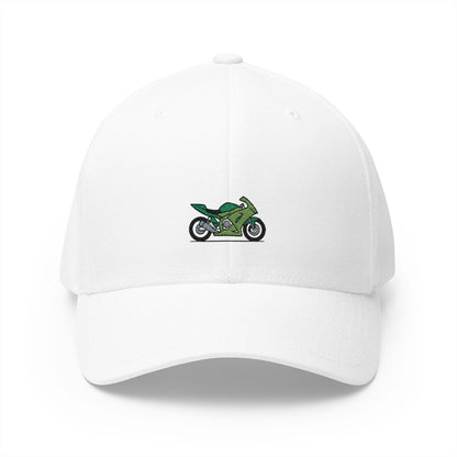 Green Motorcycle Embroidered Cap for Bikers | Adjustable White Hat